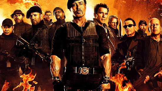 The Expendables II sfondo, film, Sylvester Stallone, Bruce Willis, Arnold Schwarzenegger, Jason Statham, The Expendables 2, Terry Crews, Sfondo HD HD wallpaper