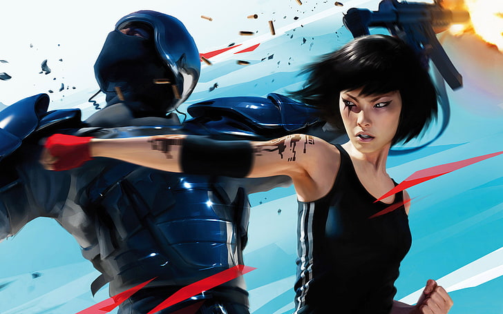 female punching man illustration, Mirror&#39;s Edge, soldier, protective suit, a powerful blow, HD wallpaper