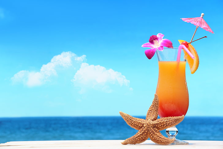 sea, beach, cocktail, summer, fruit, fresh, paradise, drink, tropical, HD wallpaper