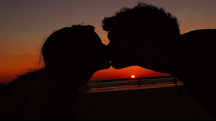 kiss, love, couple, sunset, shadow, HD wallpaper