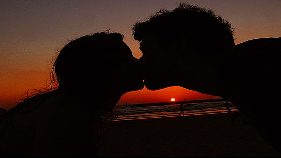 pocałunek, miłość, para, zachód słońca, cień, Tapety HD HD wallpaper