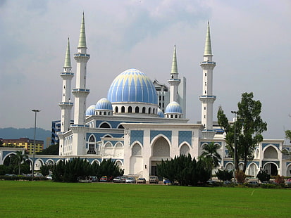 Джамия, бяла и синя бетонна джамия, религиозна,, мюсюлманска, джамия, HD тапет HD wallpaper