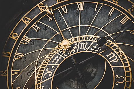 gold and black analog clock, wall clock, roman numerals, zodiac signs, HD wallpaper HD wallpaper