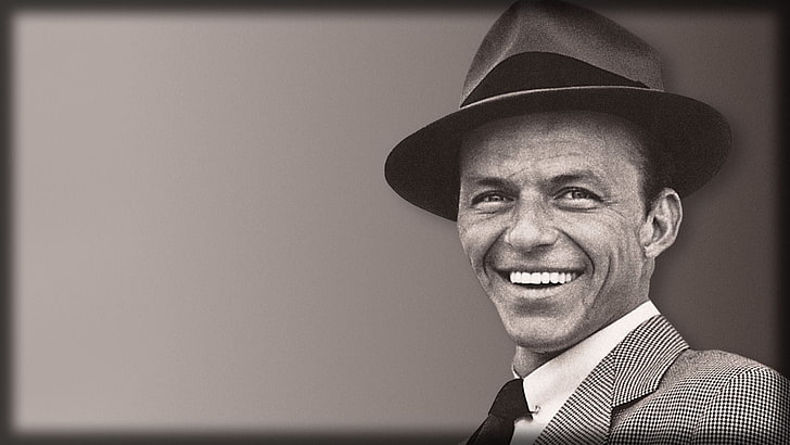 Frank Sinatra grayscale photo, frank sinatra, smile, suit, hat, face, HD wallpaper