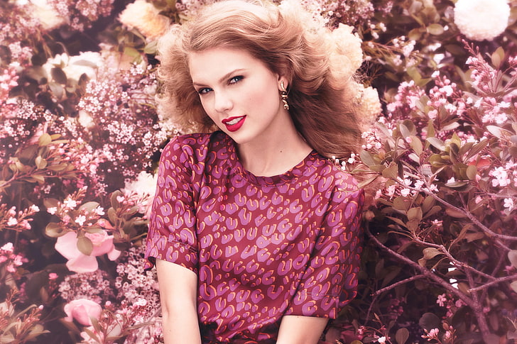 bunga, aktris, penyanyi, Taylor Swift, kecantikan, semak-semak, pemotretan, Teen Vogue, di taman, Daniel Jackson, Wallpaper HD