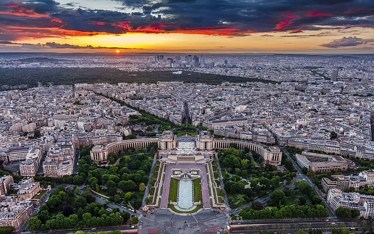 landscape, nature, sunset, cityscape, trees, park, clouds, architecture, metropolis, sky, urban, building, Paris, HD wallpaper