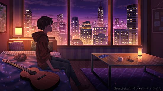  Pasoputi, cityscape, men indoors, guitar, musical instrument, cats, closed eyes, watermarked, city lights, anime boys, building, red hoodie, profile, wooden table, desk lamp, animals, sitting, picture frames, city, mug, night, interior, evening, Japanese, table, in bedroom, pillow, HD wallpaper HD wallpaper