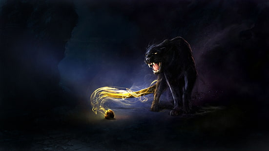 ilustrasi hitam panther dan lampu kuning, puma, kucing, hewan, alam, hitam, Black Panther, karya seni, seni fantasi, gelap, gigi, Wallpaper HD HD wallpaper