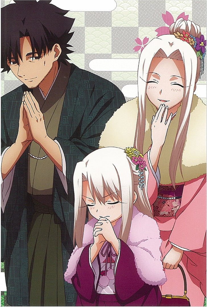 three person anime characters illustration, Fate Series, Fate/Zero, Irisviel von Einzbern, Kiritsugu Emiya, Illyasviel von Einzbern, HD wallpaper