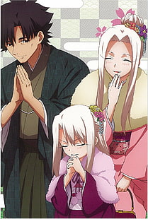 three person anime characters illustration, Fate Series, Fate/Zero, Irisviel von Einzbern, Kiritsugu Emiya, Illyasviel von Einzbern, HD wallpaper HD wallpaper