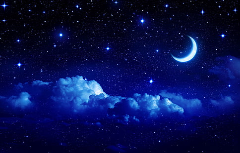 луна и облака обои, небо, звезды, облака, пейзаж, ночь, фон, широкоформатные, обои, луна, сказка, месяц, облако, небо, полноэкранные, HD обои, полумесяц, полноэкранные, HD обои HD wallpaper