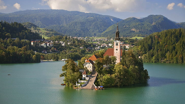 isla, lago Bled, Eslovenia, iglesia, Fondo de pantalla HD