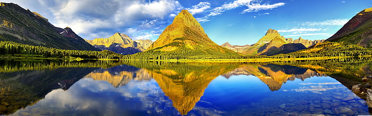 reflective photograph of green mountain near lake, nature, Glacier National Park, reflection, mountains, sky, landscape, water, HD wallpaper