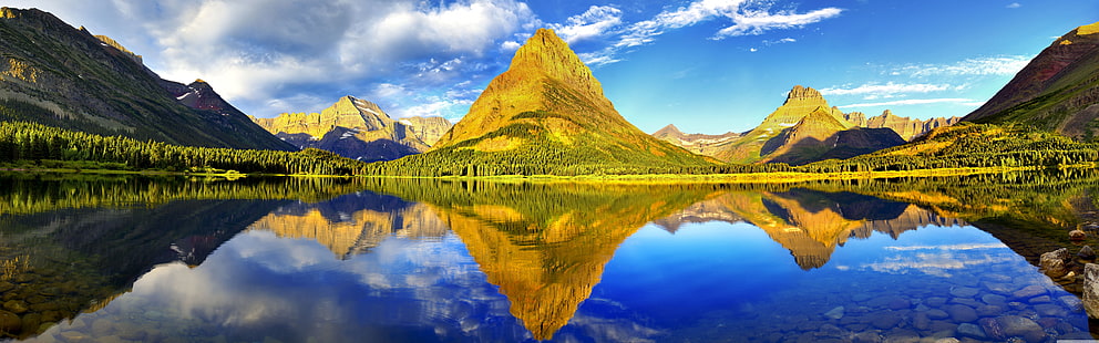 светоотражающая фотография зеленой горы возле озера, природа, Национальный парк ледника, отражение, горы, небо, пейзаж, вода, HD обои HD wallpaper