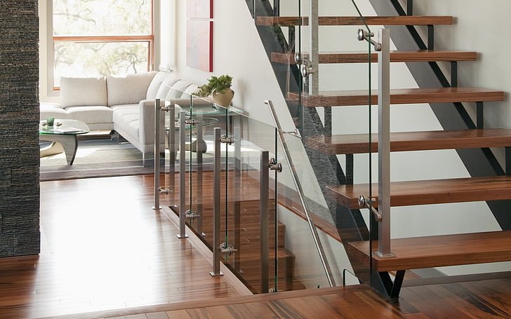 escadas de madeira marrons e pretas, escada, sala de estar, móveis, estilo, HD papel de parede
