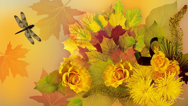 Maple Leaves Flowers, chrysanthemums, yellow, roses, maple, fall, leaves, mums, flowers, abstract, insect, gold, dragonfly, HD wallpaper