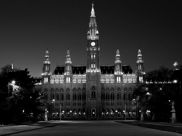 szara katedra, czarny, biały, noc, Wiedeń, monochromatyczny, Austria, Tapety HD