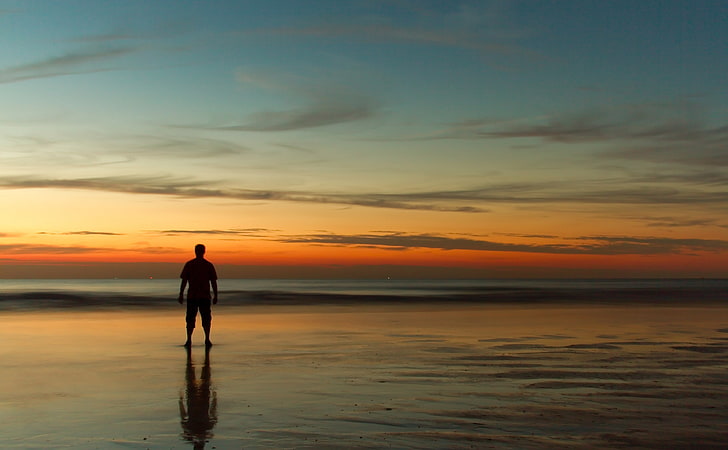 Depois do pôr do sol, foto de silhueta do homem, Natureza, Praia, Pôr do sol, Silhueta, Depois, HD papel de parede