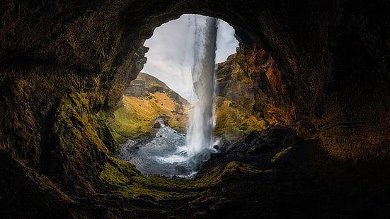 agua, natureza, Cachoeira, formação rochosa, Rocha, caverna, paisagem, rio, céu, Islândia, HD papel de parede HD wallpaper