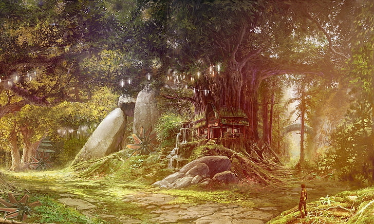 rumah kayu cokelat di dekat lukisan pohon, seni fantasi, karya seni, Wallpaper HD