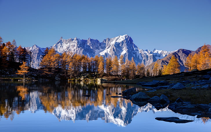 Alps, White Mountain, 5K, Autumn, Mont Blanc, Lake, HD wallpaper
