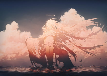 anime girl, angel, wings, beyond the clouds, white hair, Anime, HD wallpaper HD wallpaper