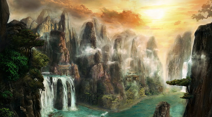 wodospad między malarstwem górskim, sztuka cyfrowa, fantasy art, natura, góry, krajobraz, wodospad, drzewa, architektura azjatycka, rzeka, słońce, chmury, mgła, Tapety HD