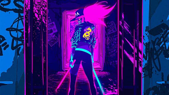 cyberpunk, neon, 4K, rosa, amarelo, azul claro, entretenimento, personagens do jogo, HD papel de parede HD wallpaper
