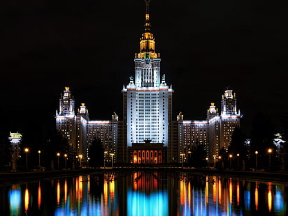 Cities, Moscow, Building, Moscow State University, Night, Reflection, Russia, HD wallpaper HD wallpaper