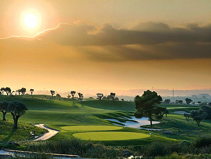 Golf, pole golfowe, chmura, tor wodny, zieleń golfa, ścieżka, niebo, sport, drzewo, Tapety HD HD wallpaper