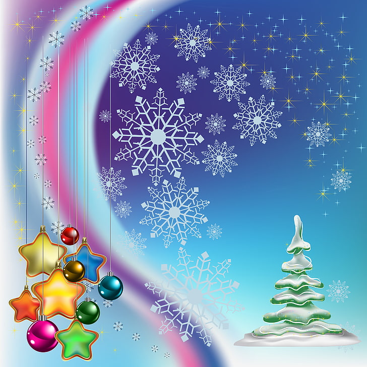 Christmas-themed wallpaper, stars, balls, decoration, snowflakes, toys, graphics, tree, Christmas, New year, HD wallpaper