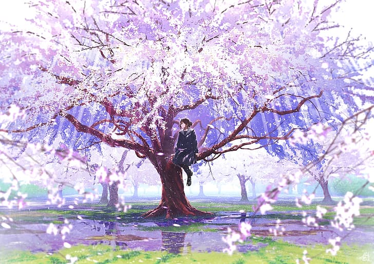 trees, anime girls, flowers, HD wallpaper