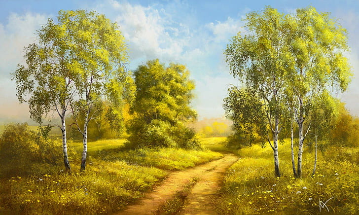 Birches, trees, birches, path, painting, 3d and abstract, HD wallpaper