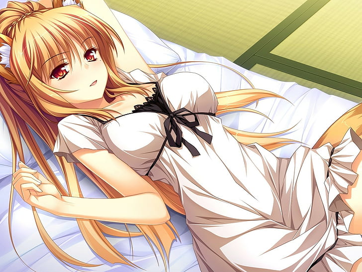 Otomimi Unendlichkeit, Miyama kon, Mädchen, Bett, Haar, HD-Hintergrundbild