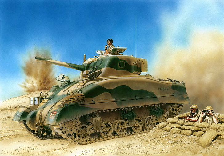 green and brown battle tank, art, tank, USA, battle, the battle, under, troops, company, Sherman, average, British, M4 Sherman, WW2., main, German, England, when, the command, field Marshal, North African, Erwin Rommel, service, Italo, defeated, the course, group, El-Alamein, General, which, Bernard Montgomery, HD wallpaper