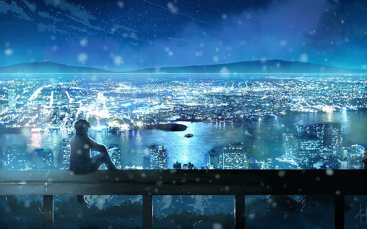 Stadtbild, Wasser, Anime, Nacht, Lichter, Himmel, HD-Hintergrundbild