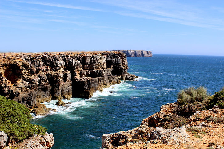 갈색 암석, algarve, 포르투갈, 바다, 바위, HD 배경 화면
