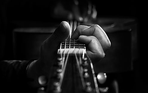 Person spielt Gitarre Graustufenfoto, Monochrom, Gitarre, Musikinstrument, Hände, Musik, HD-Hintergrundbild HD wallpaper