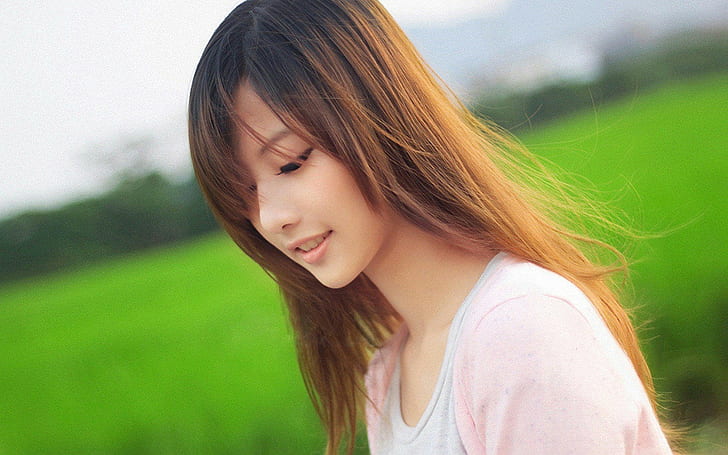 women, model, Asian, auburn hair, face, depth of field, HD wallpaper