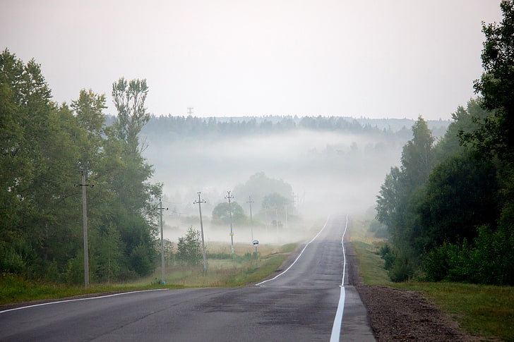 дорога, лето, туман, вечер, дымка, август, HD обои