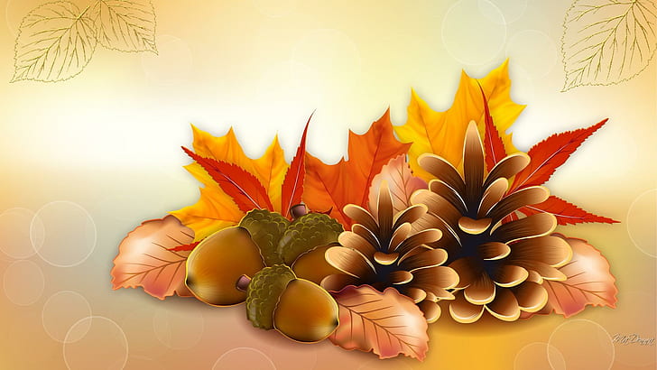 Thanksgiving Fall, brown, yellow, and orange flowers, pine-cones, orange, acorns, gold, maple, fall, leaves, autumn, thanksgiving, HD wallpaper