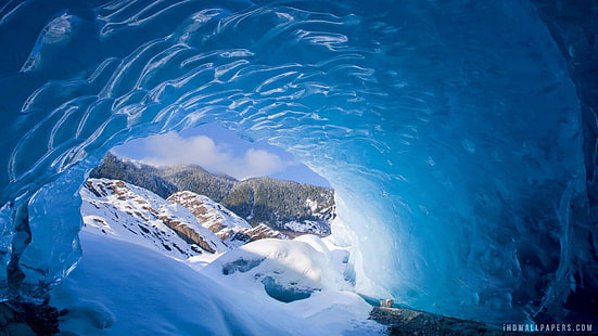 волны воды, пейзаж, лед, пещера, природа, снег, HD обои HD wallpaper