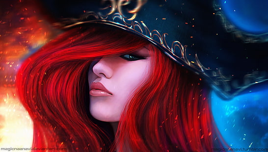 黒い帽子のデジタル壁紙、アニメの女の子、アニメ、現実的、レンダリング、ミスフォーチュン、デジタルアート、面白い帽子、リーグオブレジェンド、ビデオゲーム、MagickaAnavi、赤毛、女性、ミスフォーチュン（リーグオブレジェンド）、ファンタジーを身に着けている赤髪の架空のキャラクター女の子、 HDデスクトップの壁紙 HD wallpaper
