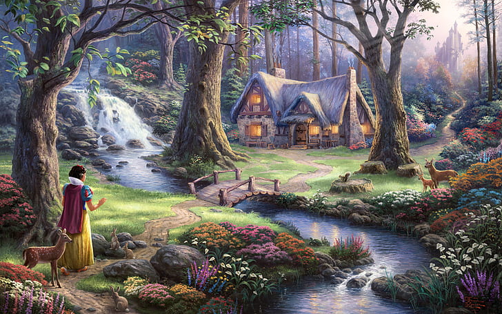 Snow White Disney Cabin Trees Stream Forest HD, цифрови / произведения на изкуството, дървета, бял, сняг, гора, поток, Disney, кабина, HD тапет