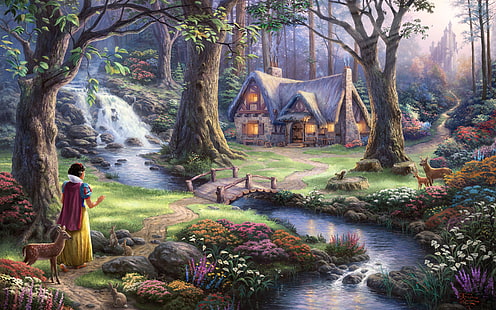 Snow White Disney Cabin Trees Stream Forest HD ، رقمي / عمل فني ، أشجار ، أبيض ، ثلج ، غابة ، تيار ، ديزني ، كابينة، خلفية HD HD wallpaper
