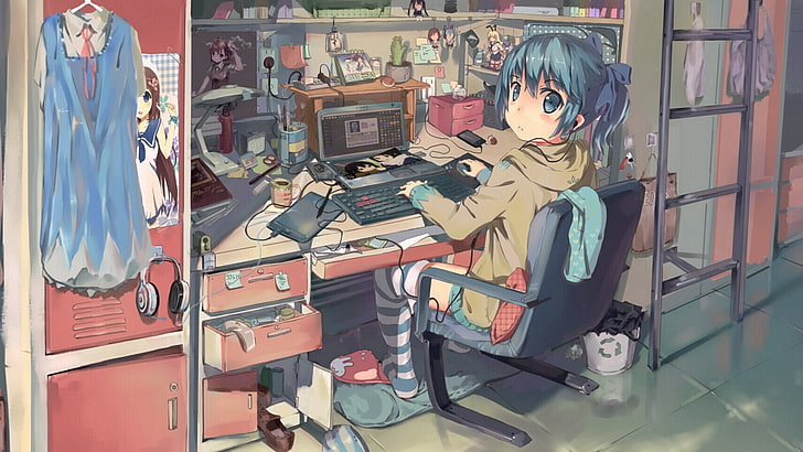karakter anime digital wallpaper, kamar, gadis anime, karakter asli, crossover, Wallpaper HD