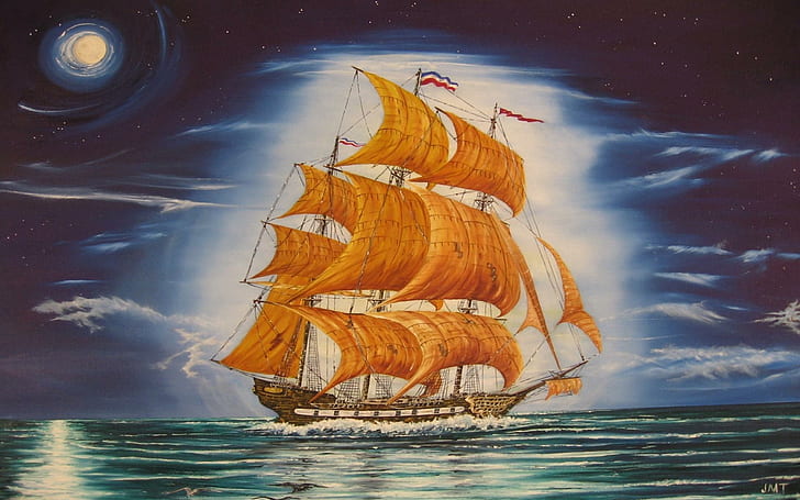 Flying Dutchman, john tansey, ship, cool, sailing, painting, moonlit, vessel, boats, HD wallpaper