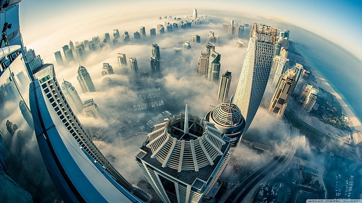 архитектура, фотография, Дубай, небоскреб, море, облака, туман, высоты, город, рыбий глаз, здание, городской, вид с воздуха, городской пейзаж, HD обои