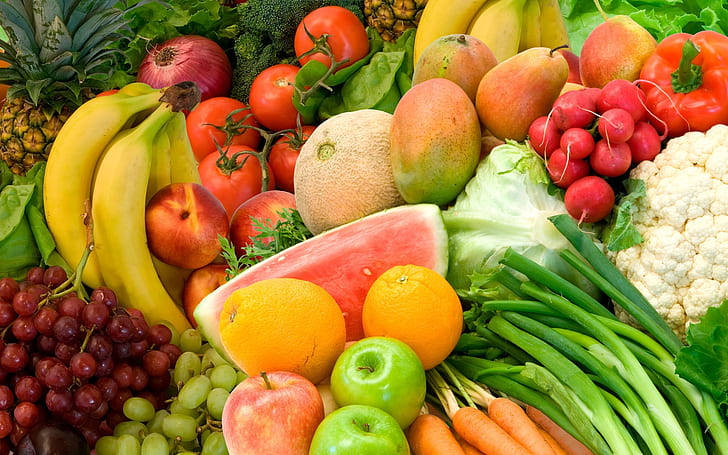fruits, bananas, pineapples, strawberries, vegetables, food, tasty, HD wallpaper