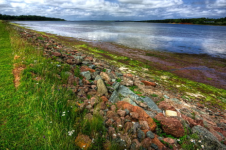 close photo of seashore near body of water under blue sky, PEI, Coastal, Scenery, HDR, close, photo, seashore, body of water, blue sky, stock, resource, image, photograph, picture, prince  edward  island, canada, canadian, landscape, scene, scenic, cloud, clouds, overcast, grass, nature, natural, sky, wide  angle, wide-angle, high  dynamic  range, orange, colors, colour, colours, colorful, water, lake, pond, sea, travel, tourism, outdoors, scenics, rock - Object, HD wallpaper HD wallpaper